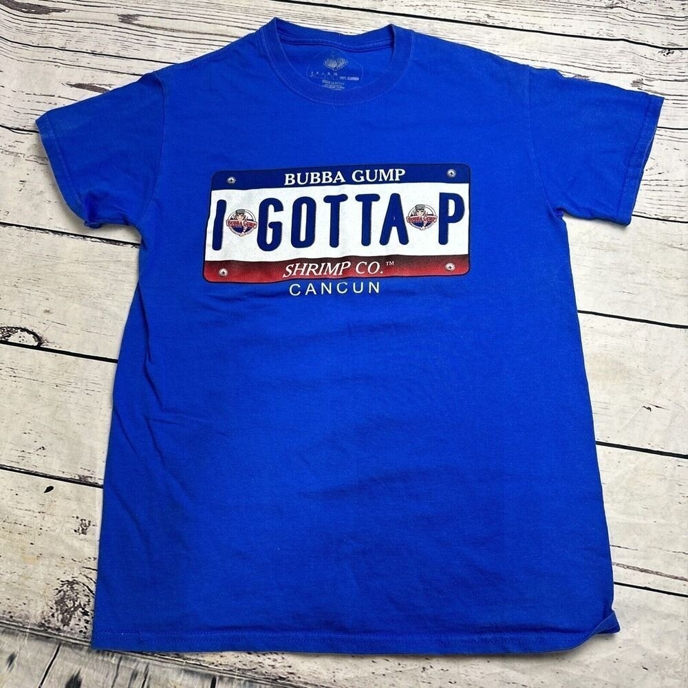 Bubba Gump Shrimp Cancun I Gotta P Blue Graphic T-Shirt Mens Small Forrest Gump‎